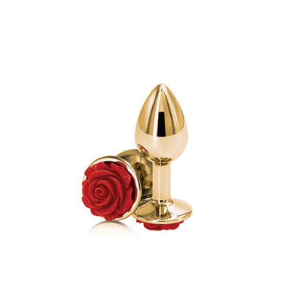 Rear Assets Rose - Small - Gold 7.6 cm Metal Butt Plug with Red Rose Base - NSN-0965-16