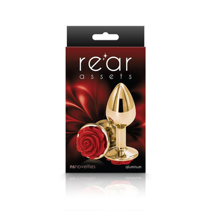 Rear Assets Rose - Small - Gold 7.6 cm Metal Butt Plug with Red Rose Base - NSN-0965-16