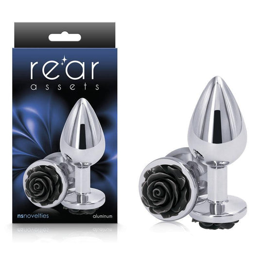 Rear Assets Rose - Medium - Chrome 8.9 cm Metal Butt Plug with Black Rose Base - NSN-0965-23