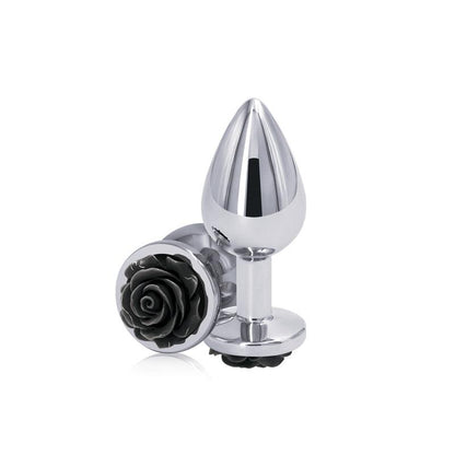 Rear Assets Rose - Medium - Chrome 8.9 cm Metal Butt Plug with Black Rose Base - NSN-0965-23