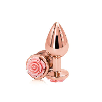 Rear Assets Rose - Medium - Rose Gold 8.9 cm Metal Butt Plug with Pink Rose Base - NSN-0965-24