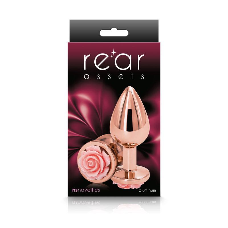 Rear Assets Rose - Medium - Rose Gold 8.9 cm Metal Butt Plug with Pink Rose Base - NSN-0965-24