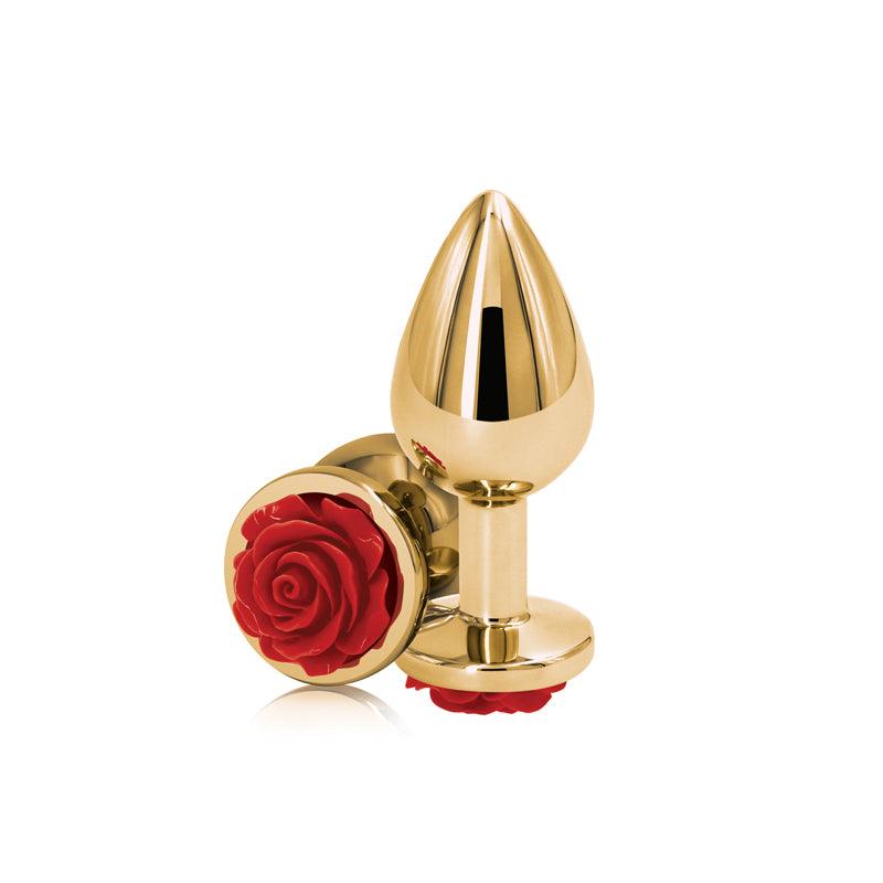 Rear Assets Rose - Medium - Gold 8.9 cm Metal Butt Plug with Red Rose Base - NSN-0965-26