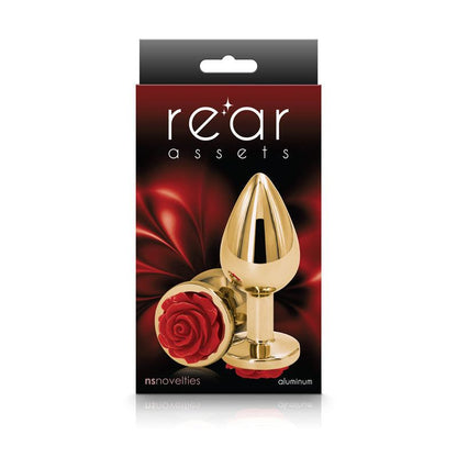 Rear Assets Rose - Medium - Gold 8.9 cm Metal Butt Plug with Red Rose Base - NSN-0965-26