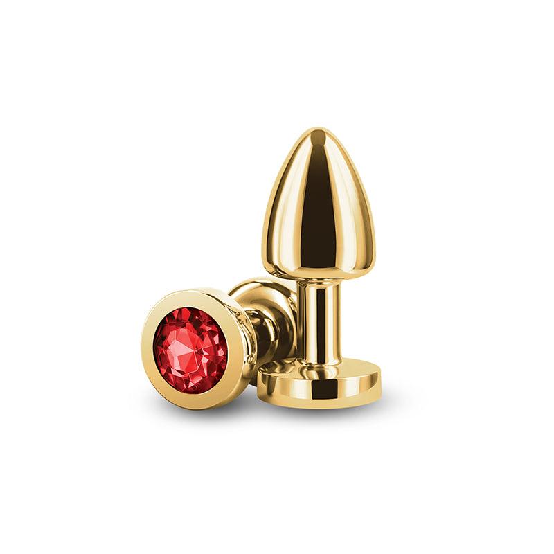 Rear Assets Petite - Gold with Red Gem - Gold 6 cm Metal Butt Plug with Red Round Gem Base - NSN-0966-11