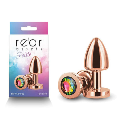 Rear Assets Petite - Rose Gold with Rainbow Gem - Rose Gold 6 cm Metal Butt Plug with Rainbow Round Gem Base - NSN-0966-29