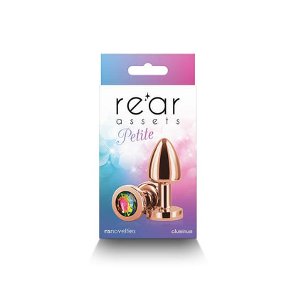 Rear Assets Petite - Rose Gold with Rainbow Gem - Rose Gold 6 cm Metal Butt Plug with Rainbow Round Gem Base - NSN-0966-29