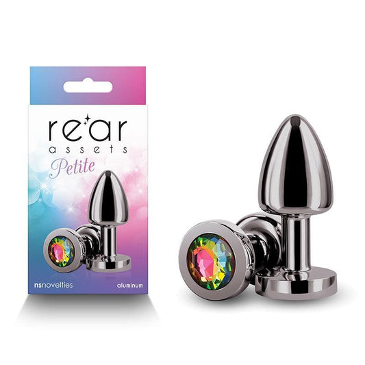 Rear Assets Petite - Gunmetal with Rainbow Gem - Gunmetal 6 cm Metal Butt Plug with Rainbow Round Gem Base - NSN-0966-39