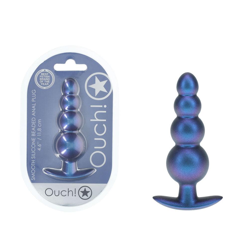 OUCH! Beaded Anal Plug - Metallic Blue - Metallic Blue 11.7 cm Butt Plug - OU1020MBL