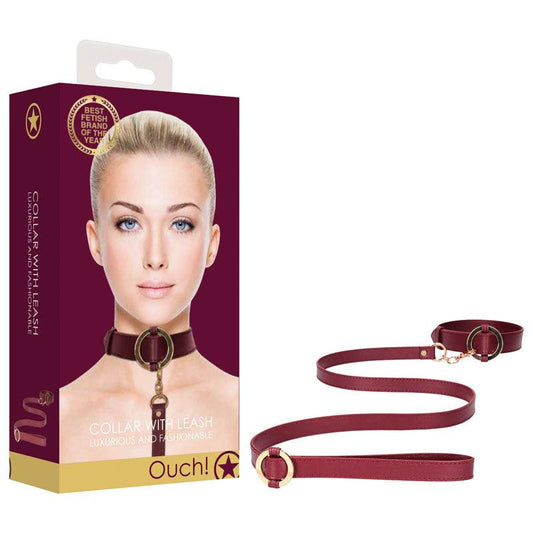 OUCH! Halo - Collar With Leash - Burgundy Restraint - OU588BUR