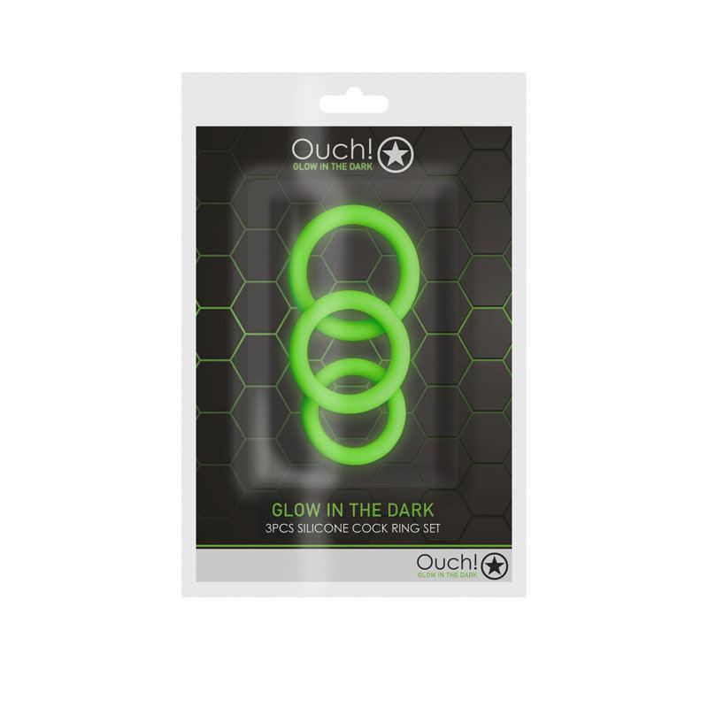 OUCH! Glow In The Dark Cock Ring Set - Glow in Dark Cock Rings - Set of 3 Sizes - OU731GLO