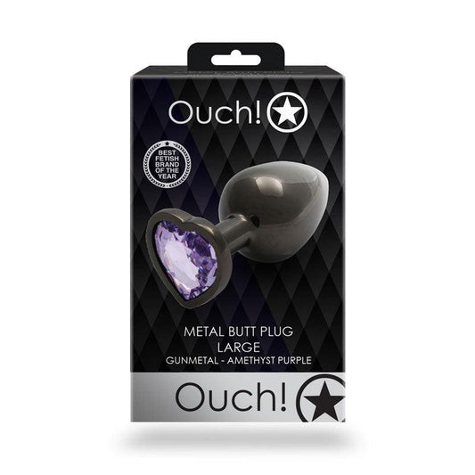 OUCH! Heart Gem Gunmetal Butt Plug - Large - Gunmetal 9.3 cm Large Butt Plug with Heart Gem Base - OU813GUN