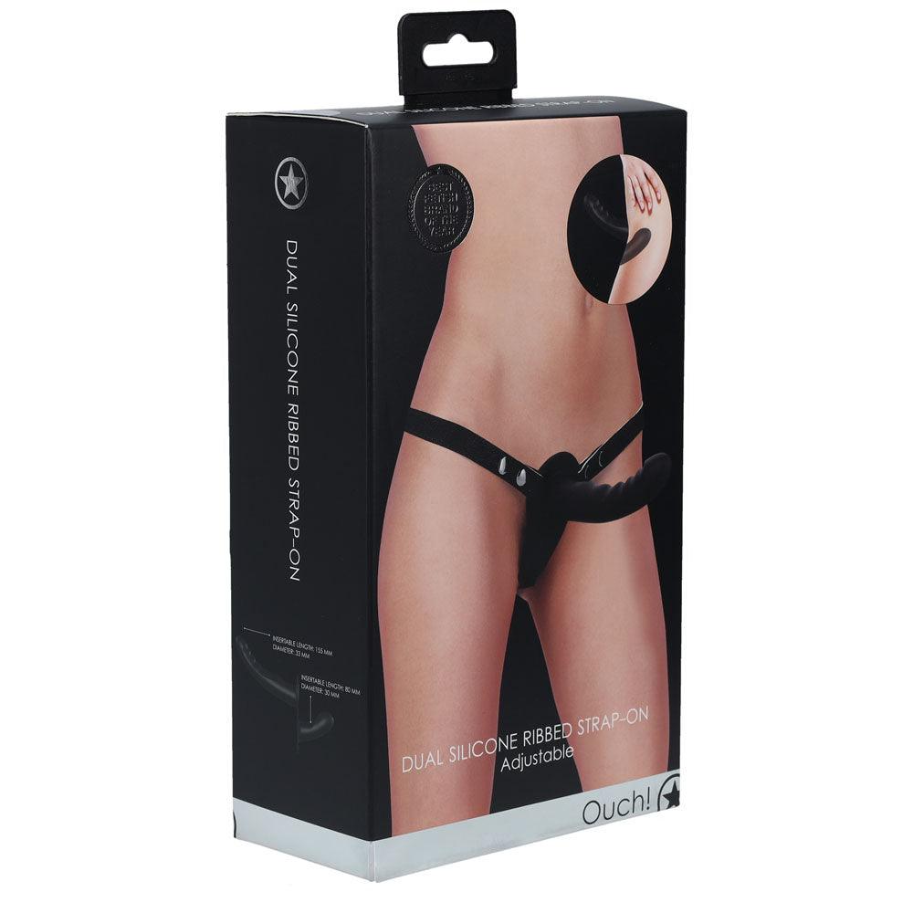 OUCH! Dual Silicone Ribbed Strap-On - Black - Black Double Ended Strap-On - OU858BLK