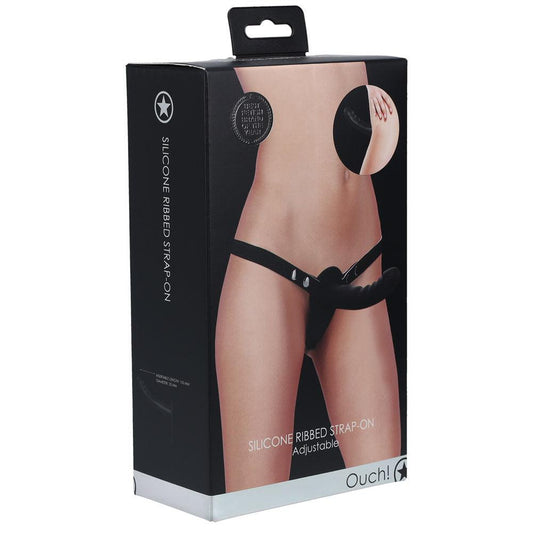 OUCH! Silicone Ribbed Strap-On - Black - Black Strap-On - OU864BLK