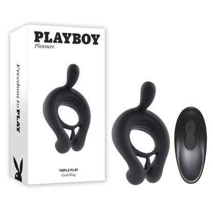 Playboy Pleasure TRIPLE PLAY - Black USB Rechargeable Cock Ring with Wireless Remote - PB-RS-1355-2