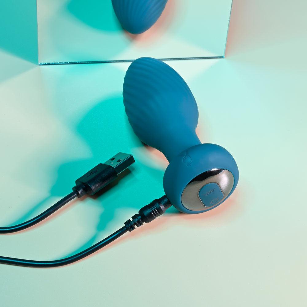 Playboy Pleasure SPINNING TAIL TEASER - Blue 9.7 cm USB Rechargeable Vibrating & Rotating Butt Plug with Wireless Remote - PB-RS-2321-2