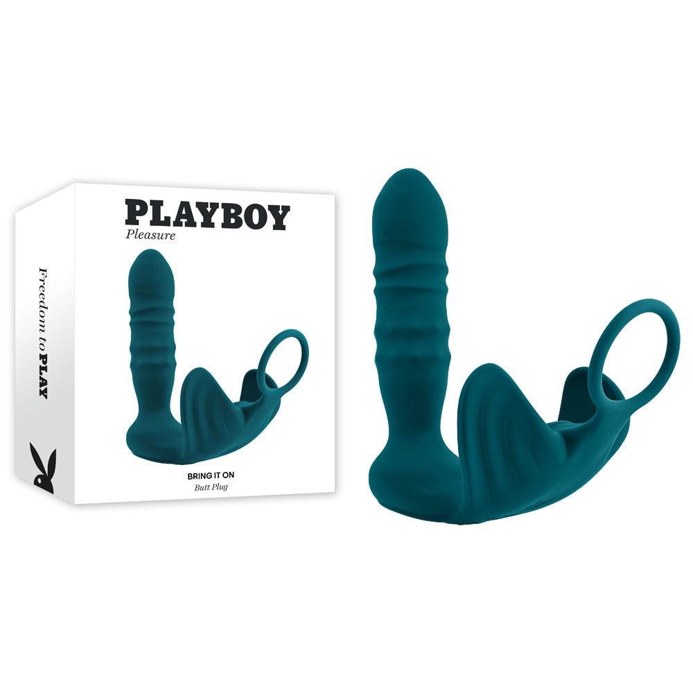 Playboy Pleasure BRING IT ON - Teal USB Rechargeable Thrusting Anal Plug with Cock Ring - PB-RS-3755-2