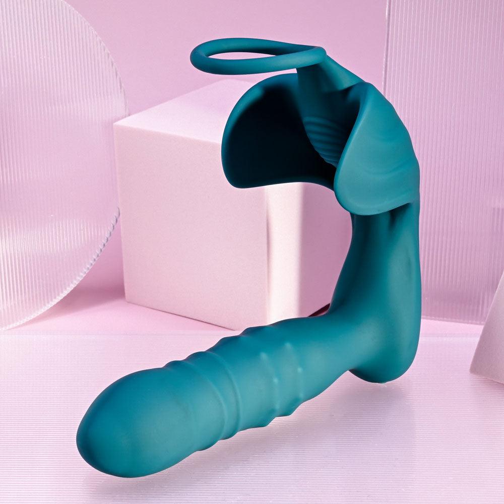 Playboy Pleasure BRING IT ON - Teal USB Rechargeable Thrusting Anal Plug with Cock Ring - PB-RS-3755-2