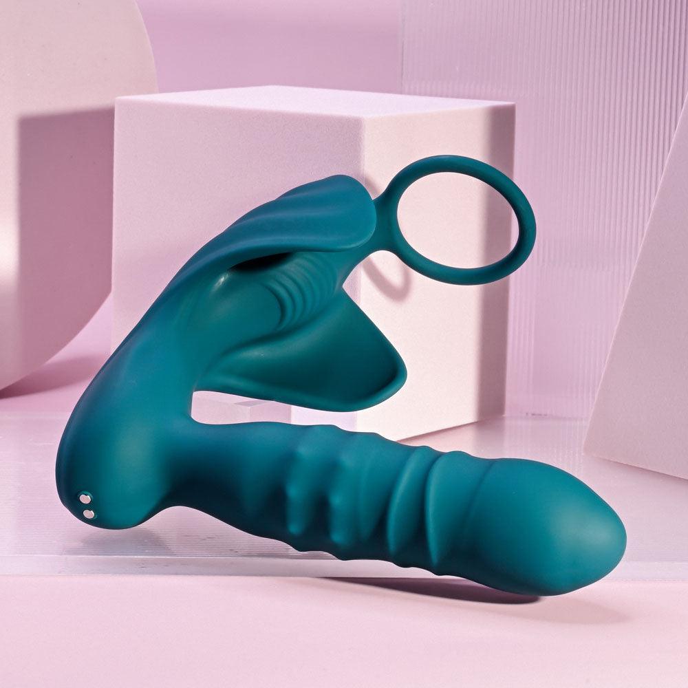 Playboy Pleasure BRING IT ON - Teal USB Rechargeable Thrusting Anal Plug with Cock Ring - PB-RS-3755-2