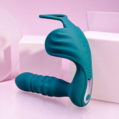 Playboy Pleasure BRING IT ON - Teal USB Rechargeable Thrusting Anal Plug with Cock Ring - PB-RS-3755-2