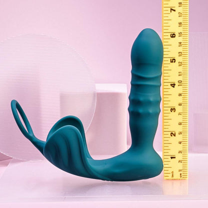 Playboy Pleasure BRING IT ON - Teal USB Rechargeable Thrusting Anal Plug with Cock Ring - PB-RS-3755-2