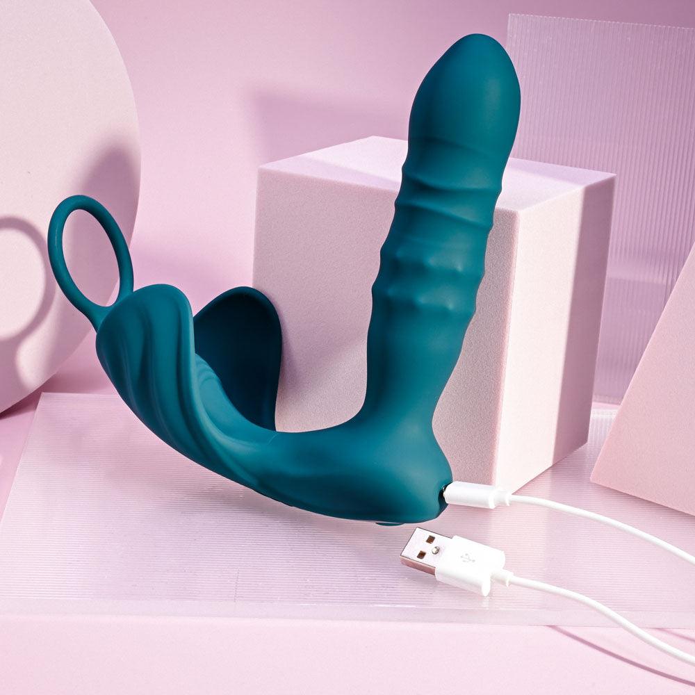 Playboy Pleasure BRING IT ON - Teal USB Rechargeable Thrusting Anal Plug with Cock Ring - PB-RS-3755-2