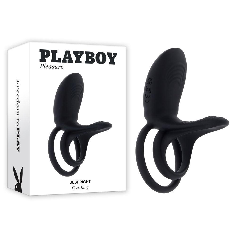 Playboy Pleasure JUST RIGHT - Black USB Rechargeable Vibrating Cock & Balls Rings - PB-RS-4578-2