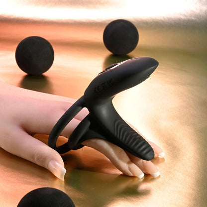 Playboy Pleasure JUST RIGHT - Black USB Rechargeable Vibrating Cock & Balls Rings - PB-RS-4578-2