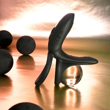 Playboy Pleasure JUST RIGHT - Black USB Rechargeable Vibrating Cock & Balls Rings - PB-RS-4578-2