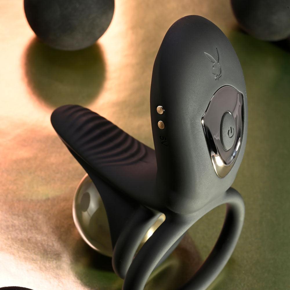 Playboy Pleasure JUST RIGHT - Black USB Rechargeable Vibrating Cock & Balls Rings - PB-RS-4578-2