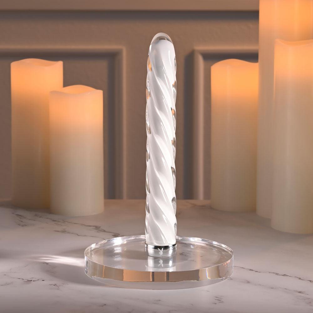 Playboy Pleasure IN A TWIST - White Glass 17.5 cm USB Rechargeable Vibrator - PB-RS-5612-2