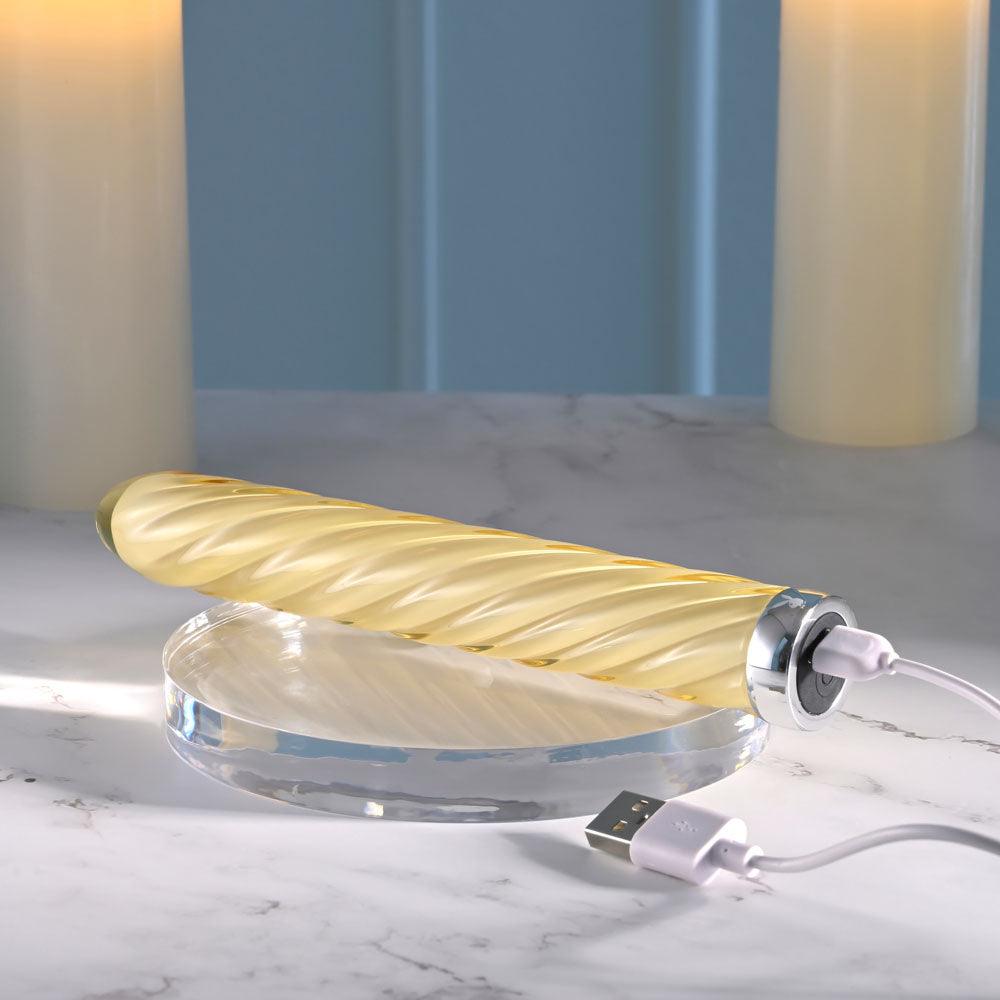 Playboy Pleasure TWIST OF FATE - Yellow Glass 17.5 cm USB Rechargeable Vibrator - PB-RS-5629-2