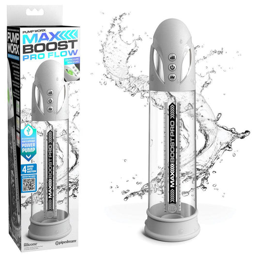 Pump Worx Max Boost Pro Flow - White - White/Clear USB Rechargeable Waterproof Auto Penis Pump - PD3250-19