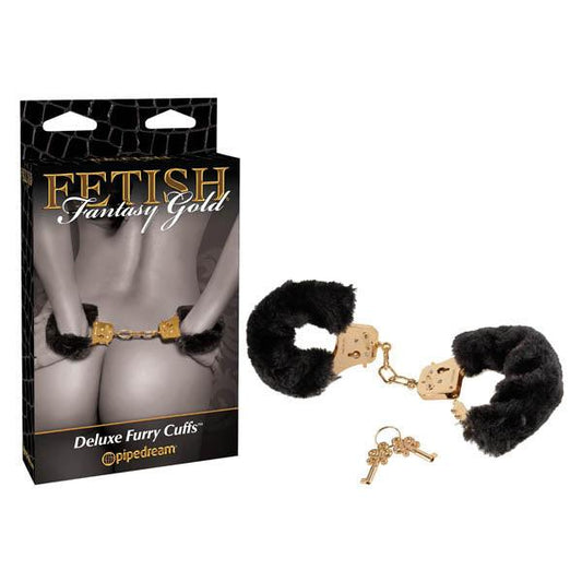 Fetish Fantasy Gold Deluxe Furry Cuffs - Black/Gold Furry Restraints - PD3996-27