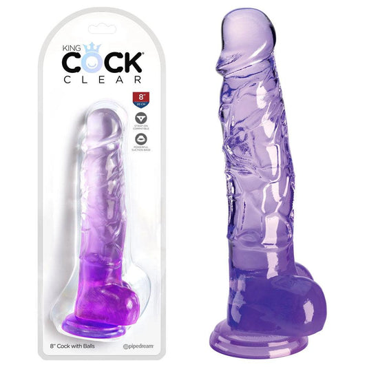 King Cock Clear 8'' Cock with Balls - Purple - Purple 20.3 cm Dong - PD5756-12