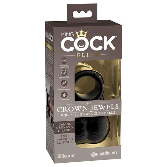 King Cock Elite The Crown Jewels Vibrating Silicone Balls - Black USB Rechargeable Vibrating Cock Ring - PD5780-23