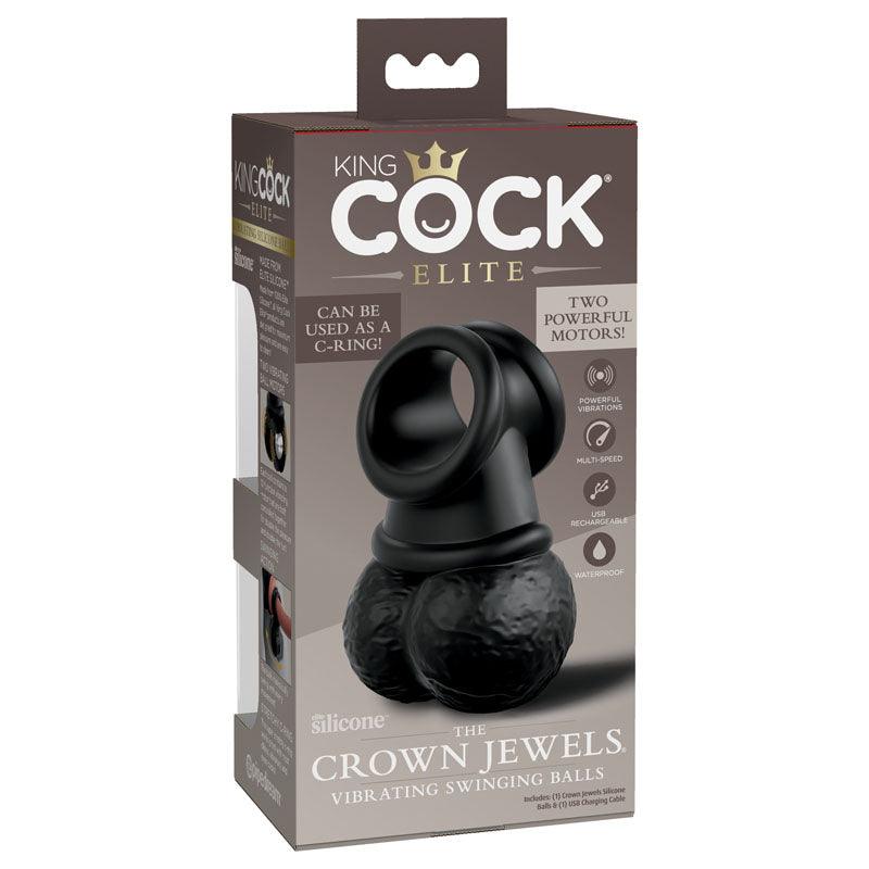 King Cock Elite The Crown Jewels Vibrating Silicone Balls - Black USB Rechargeable Vibrating Cock Ring - PD5780-23