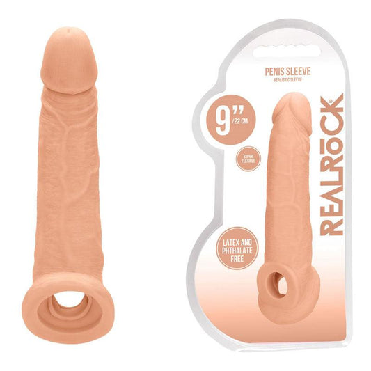 REALROCK 9'' Realistic Penis Extender with Rings - Flesh 22.9 cm Penis Extension Sleeve - REA107FLE