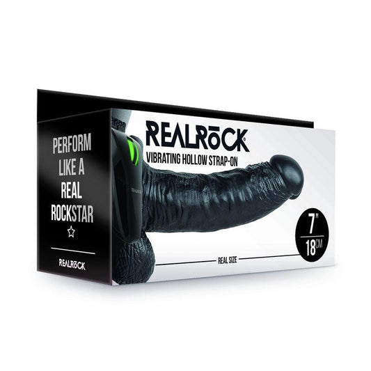 REALROCK Vibrating Hollow Strapon + Balls - 18cm Black - Black 18 cm Vibrating Hollow Strap-On - REA133BLK