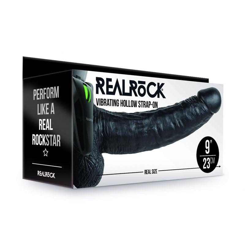 REALROCK Vibrating Hollow Strapon + Balls - 23cm Black - Black 23 cm Vibrating Hollow Strap-On - REA134BLK