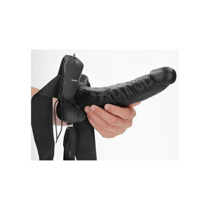 REALROCK Vibrating Hollow Strapon + Balls - 23cm Black - Black 23 cm Vibrating Hollow Strap-On - REA134BLK