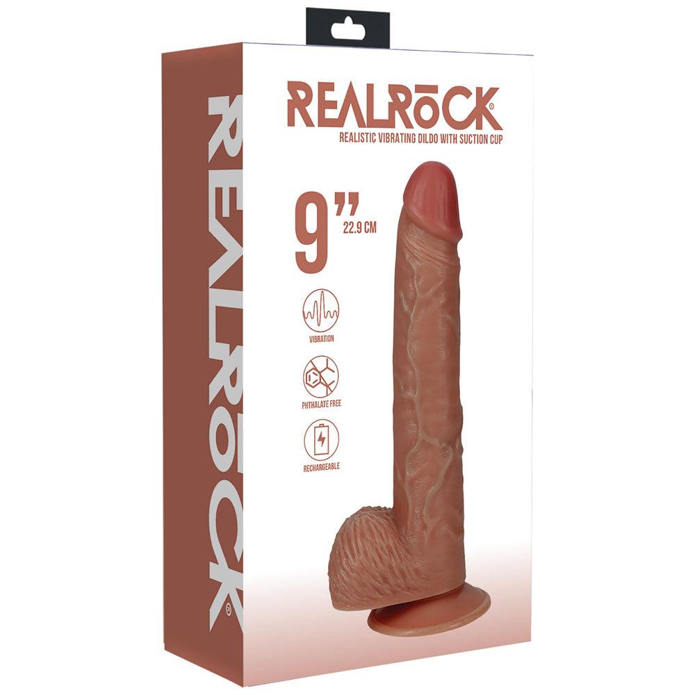 REALROCK 23cm Vibrating Cock + Balls - Tan - Tan 22.9 cm (9'') USB Rechargeable Vibrating Dong - REA190TAN