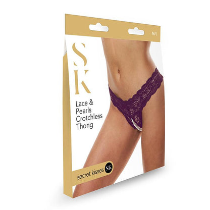 Secret Kisses Lace & Pearls Crotchless Thong - Purple - M/L Size - SK-1014-PUR-ML