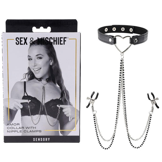 Sex & Mischief Amor Collar with Nipple Clamps - Metal Restraints - SS09834