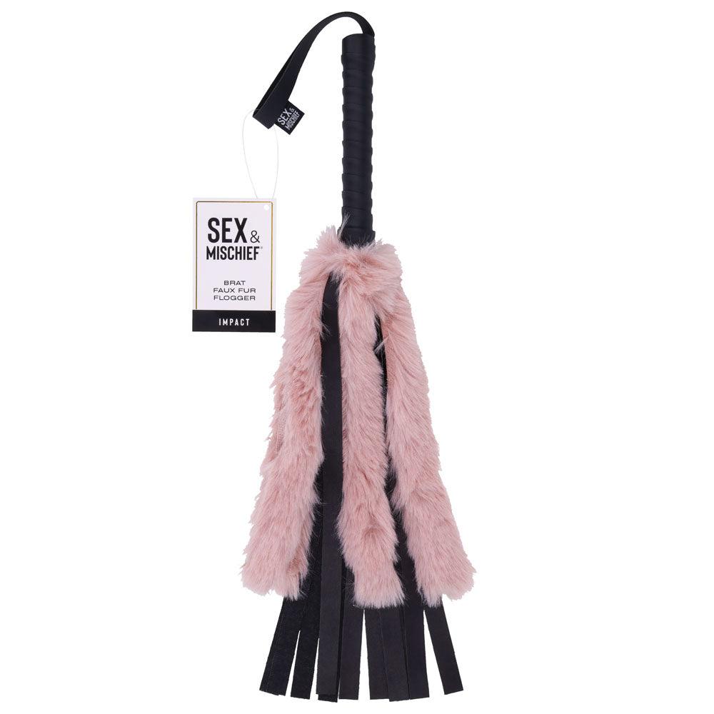 Sex & Mischief Brat Faux Fur Flogger - Black 50 cm Whip with Pink Faux Feather - SS09848