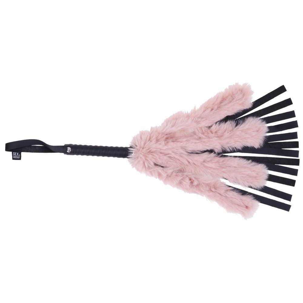 Sex & Mischief Brat Faux Fur Flogger - Black 50 cm Whip with Pink Faux Feather - SS09848