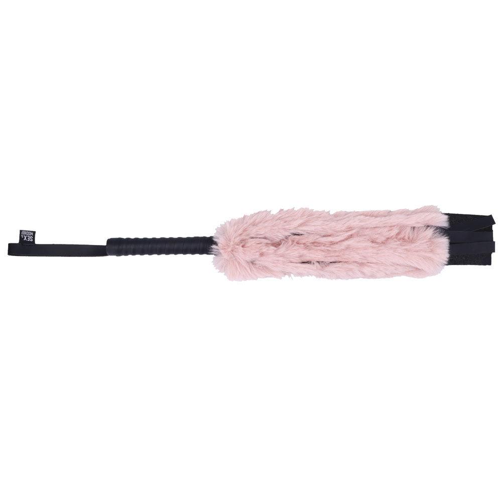 Sex & Mischief Brat Faux Fur Flogger - Black 50 cm Whip with Pink Faux Feather - SS09848