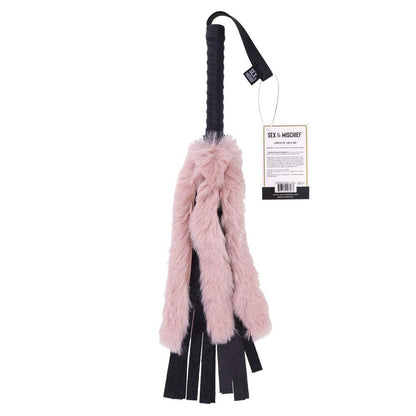 Sex & Mischief Brat Faux Fur Flogger - Black 50 cm Whip with Pink Faux Feather - SS09848