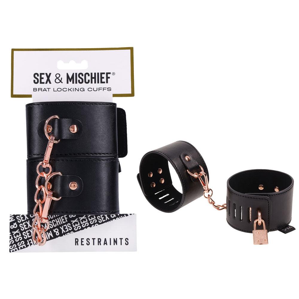 Sex & Mischief Brat Locking Cuffs - Black/Rose Gold Hand Cuffs - SS09849