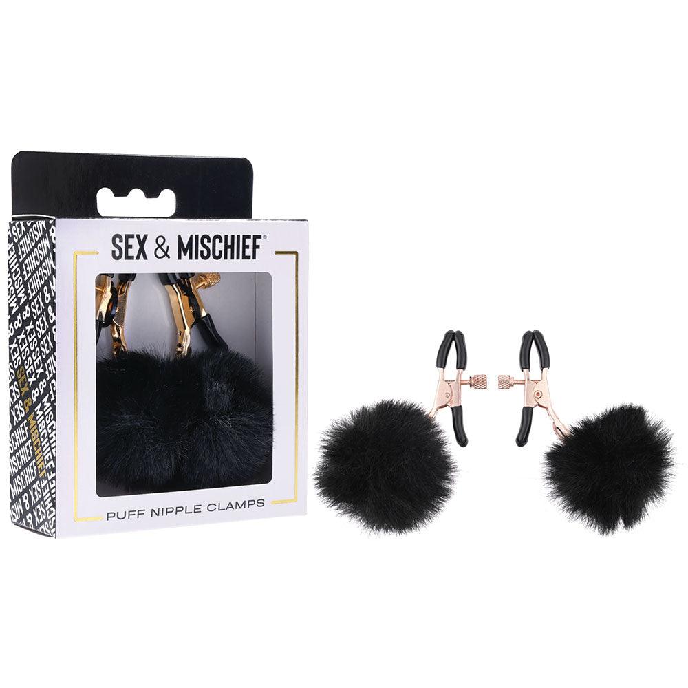 Sex & Mischief Puff Nipple Clamps - Black/Gold Nipple Clamps - Set of 2 - SS09855